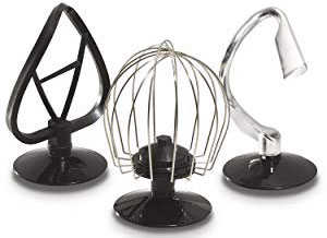 Three attachment, from left to right: flat beater, whisk, and dough hook